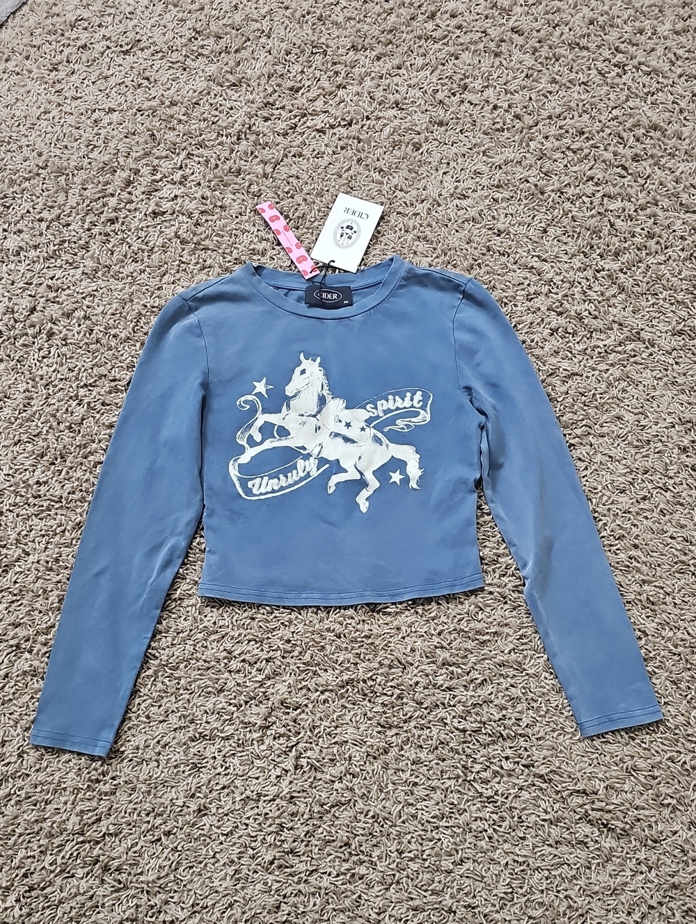 NWT Cider Graphic Tee Long Sleeve XS Baby Doll Top "Unruly Spirit" 100% Cotton
